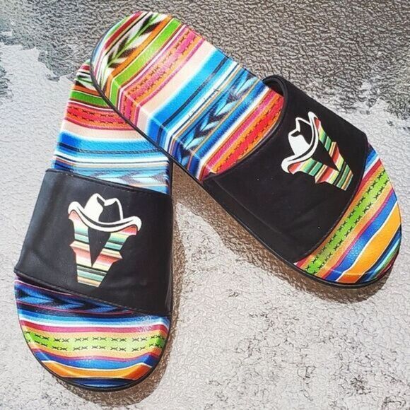 NIB Very Volotile Women’s Black w/Serape Design Slides “V Logo” - Size 7 - Picture 1 of 10